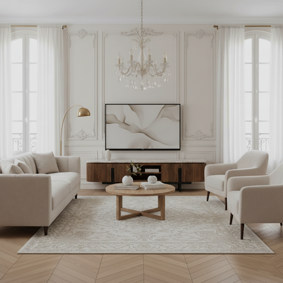 Grande Meuble TV 4 portes, 2 niches plateau marbre | Manguier Kfir III