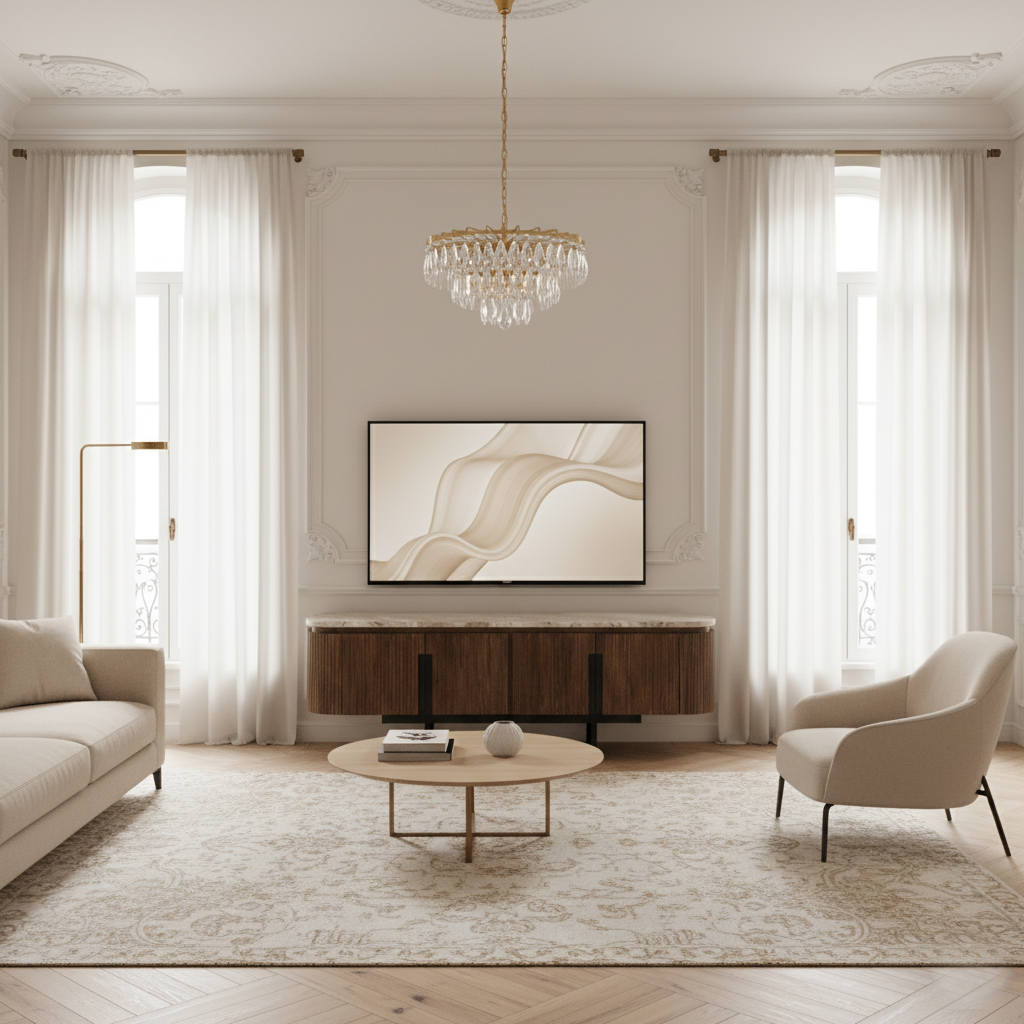 Meuble TV bas 4 portes plateau marbre | Manguier Kfir III