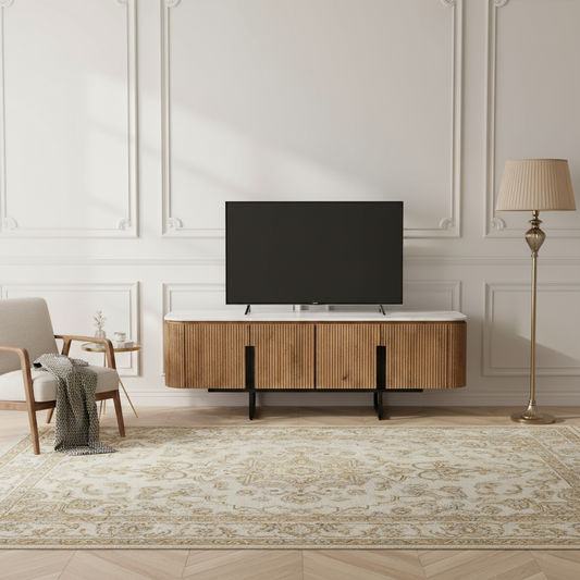 Móvel de TV baixo com 4 portas e tampo de mármore branco | Kfir II Mango