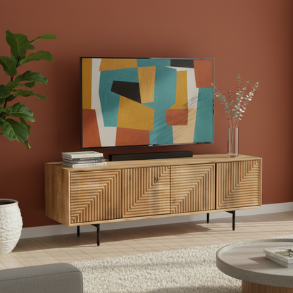 Meuble Tv bois sculpté motif géométrique 4P | Manguier Maglan