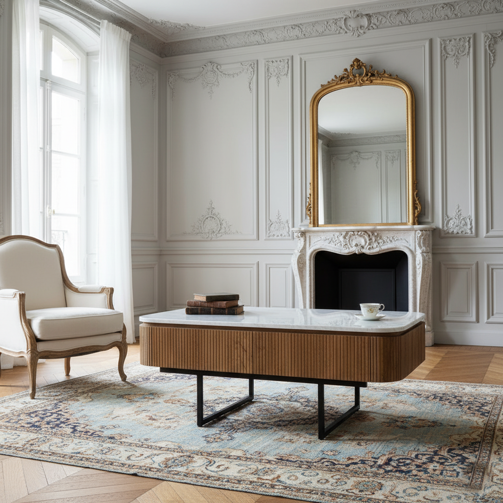 Salon Table basse plateau marbre blanc | Manguier Kfir II