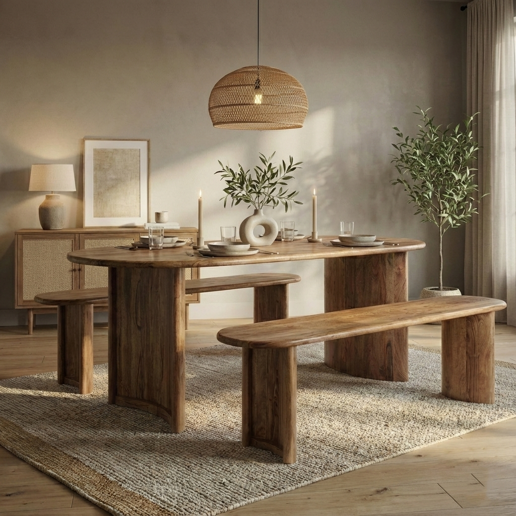 Mesa de jantar de madeira maciça de acácia cor de mel com bordas arredondadas - Elipse