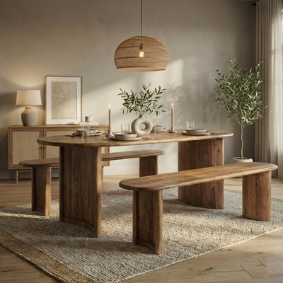 Table à manger bord arrondi miel en bois massif acacia - Ellipse