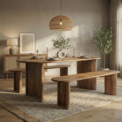 Mesa de jantar de madeira maciça de acácia cor de mel com bordas arredondadas - Elipse