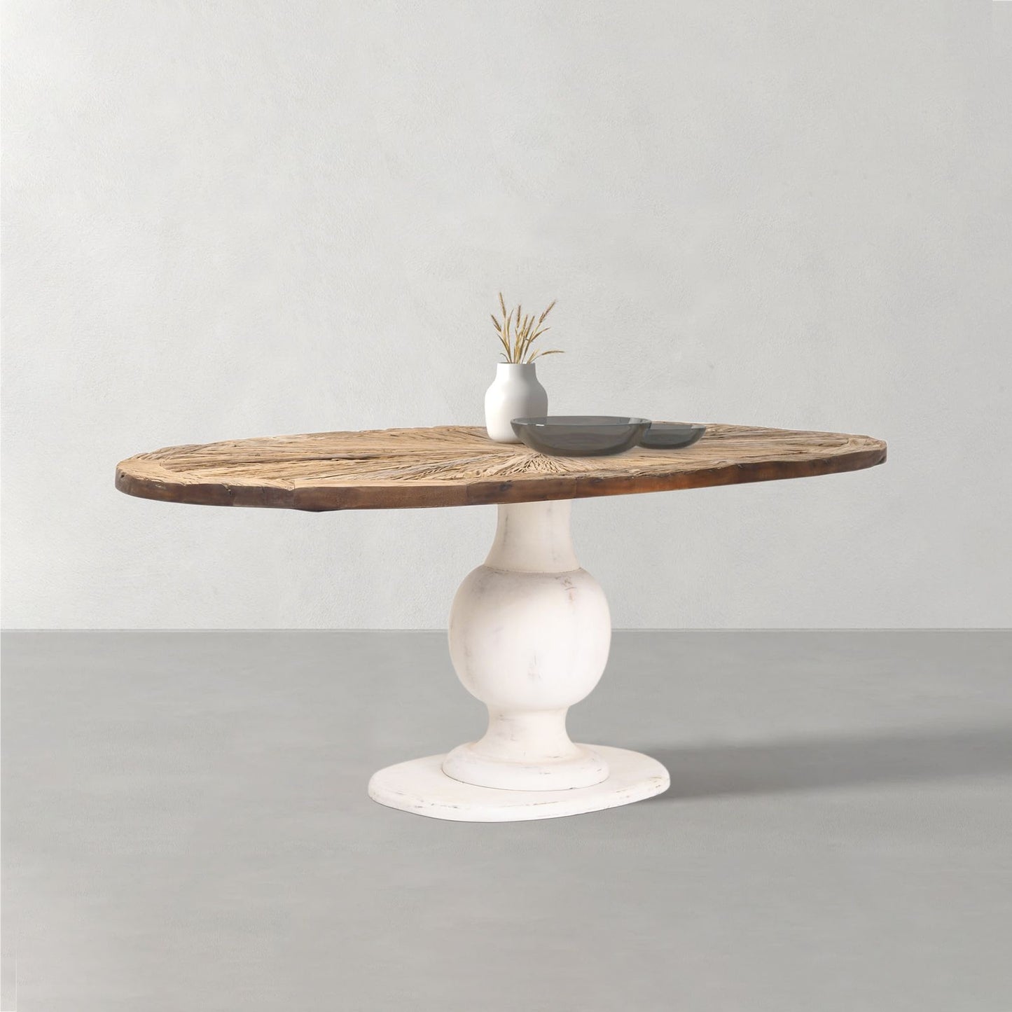 Mesa de comedor ovalada con tablero de madera sin tratar y patas blancas | Madera de mango Aberdine
