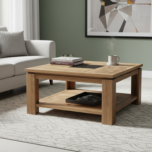 Mesa de centro cuadrada de madera tallada en dos tonos | Acacia Maya
