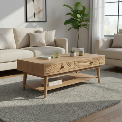 Table basse rectangle 2 tiroirs en bois massif manguier - Floria