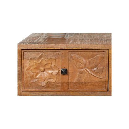Mesa de centro esculpida com 1 gaveta, 1 nicho em madeira de mangueira maciça - Escultura