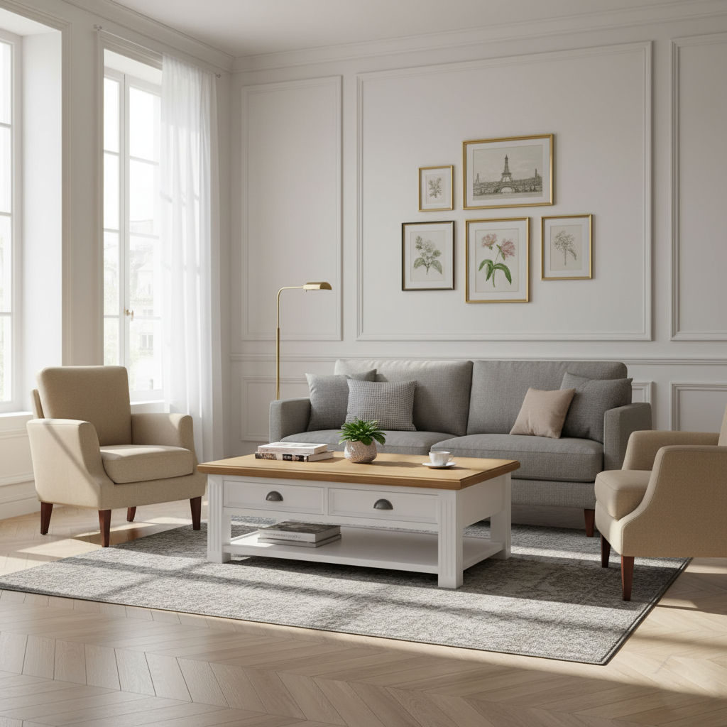 Table basse rectangulaire 2 tiroirs "Chêne et Pin Romance"