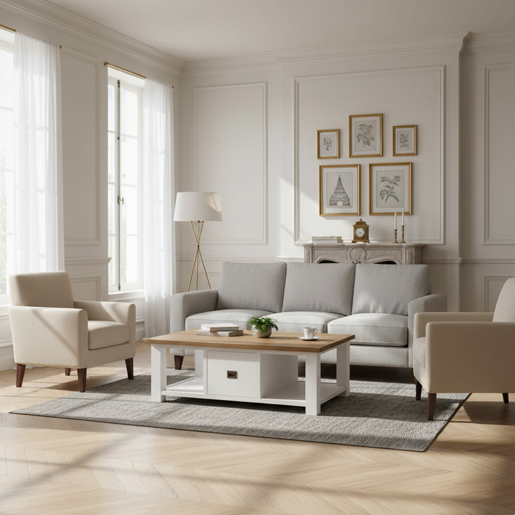 Table basse rectangulaire 2 tiroirs "Chêne et Pin Chic"