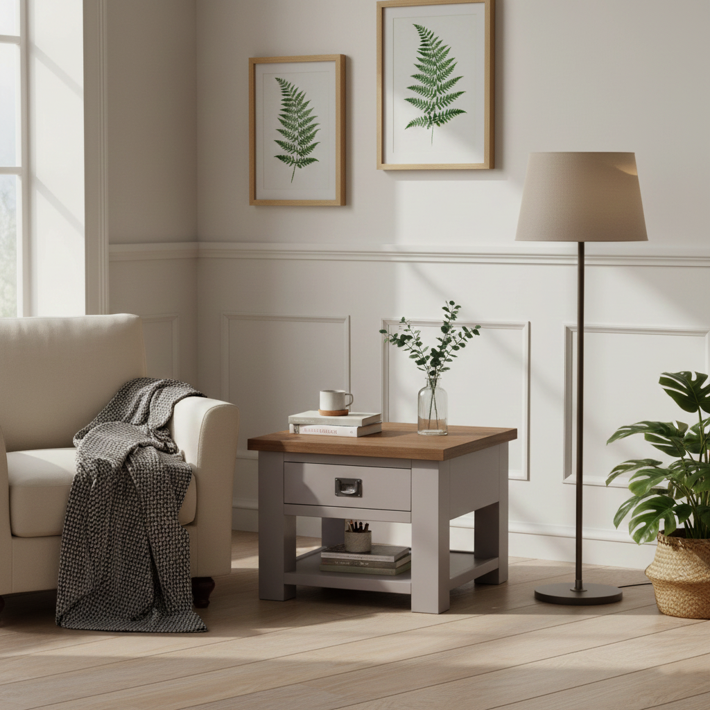 Mesa lateral "Oak and Chic Pine" com 1 gaveta