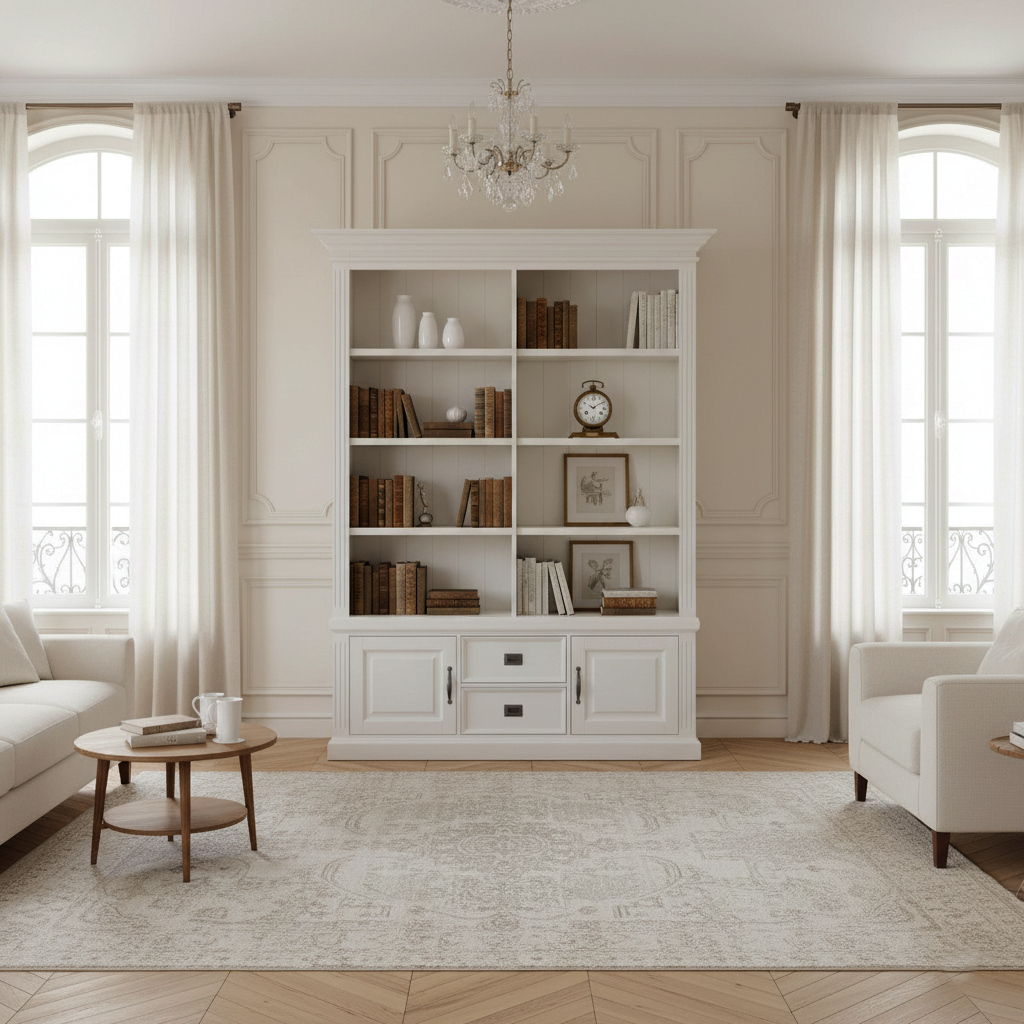 Bibliothèque 2 portes 2 tiroirs avec des panneaux de bossage "Romance"