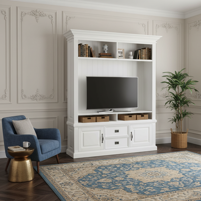Meuble TV avec étagère 2 portes 2 tiroirs avec des panneaux de bossage "Romance"