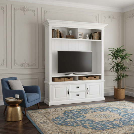 Meuble TV avec étagère 2 portes 2 tiroirs avec des panneaux de bossage "Romance"