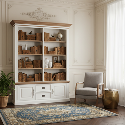 Bibliothèque 2 portes 2 tiroirs avec des panneaux de bossage "Chêne et Pin Romance"