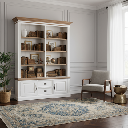 Bibliothèque 2 portes 2 tiroirs "Chêne et Pin Romance"