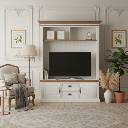 Meuble TV 2 portes 2 tiroirs avec des panneaux de bossage "Chêne et Pin Romance"