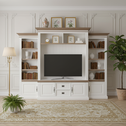 Meuble TV avec étagère 2 portes 2 tiroirs avec des panneaux de bossage "Chêne et Pin Romance"