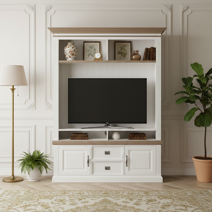 Meuble TV avec étagère 2 portes 2 tiroirs "Chêne et Pin Romance"