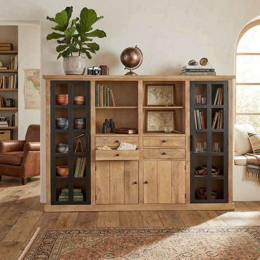 Buffet haut 2P vitree 2 portes 4 tiroirs bois massif en manguier – Scandinaves