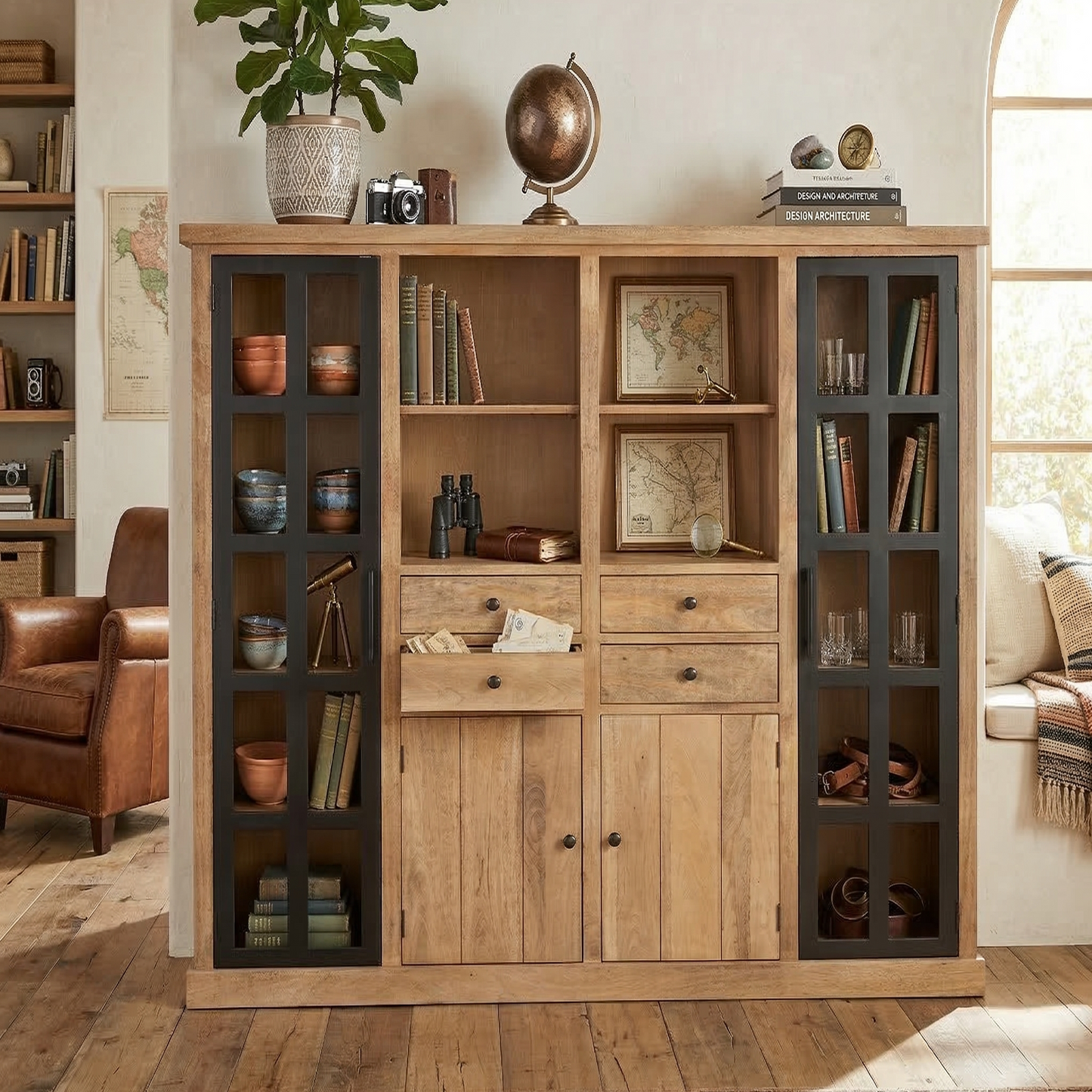 Buffet haut 2P vitree 2 portes 4 tiroirs bois massif en manguier – Scandinaves