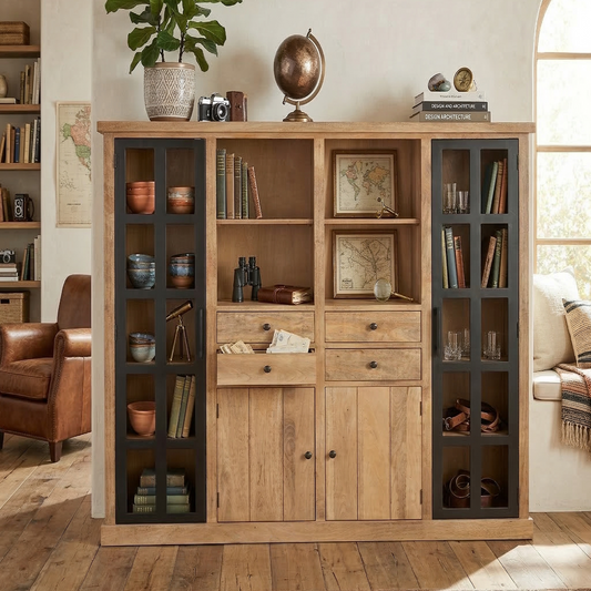Buffet haut 2P vitree 2 portes 4 tiroirs bois massif en manguier – Scandinaves