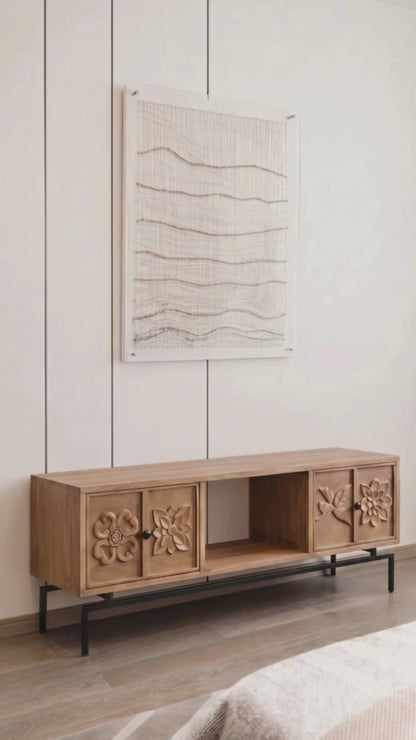 Mueble de TV con 2 cajones, 1 estante de 158cm de madera maciza de mango - Escultura