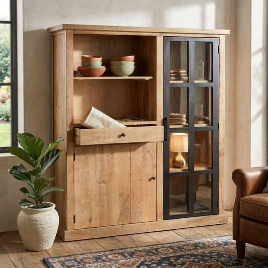 Vitrine 2 Portes et 1 Tiroir bois massif en manguier – Scandinaves