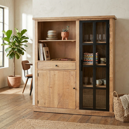 Vitrine 2 Portes et 1 Tiroir bois massif en manguier – Scandinaves