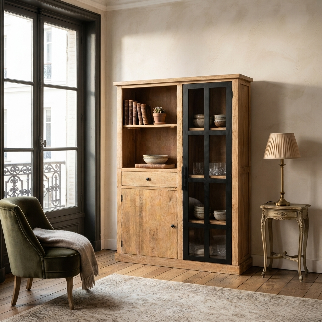 Vitrine 2 Portes et 1 Tiroir bois massif en manguier – Scandinaves
